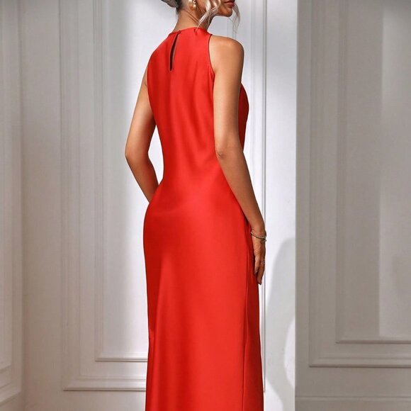 Red Preppy Womens Solid Split Thigh Dress - Picture 2 of 5